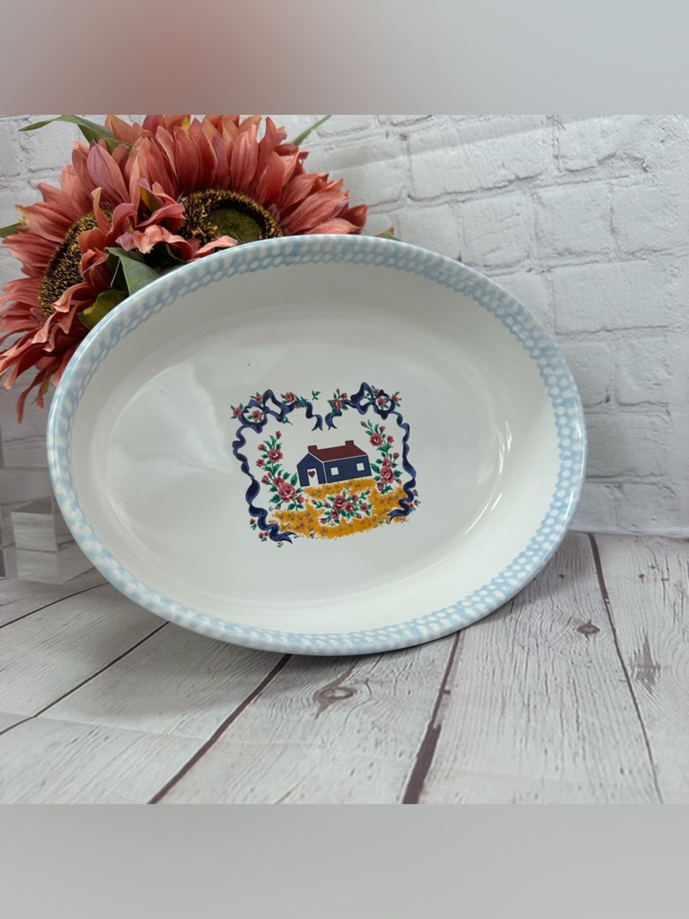 vtg 90s casserole baking dish Cottagecore spongeware rim farmhouse country